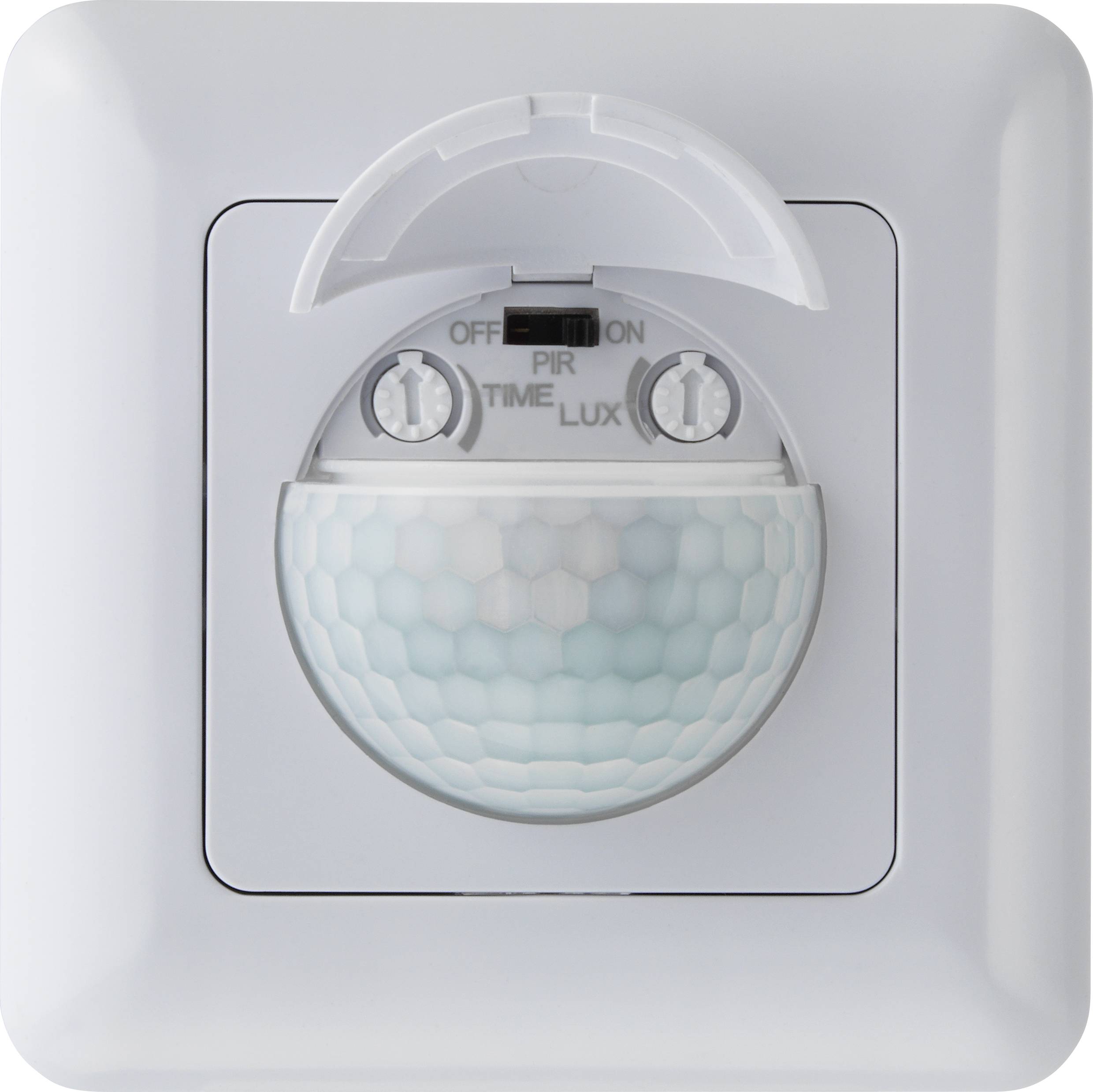 Détecteur de mouvement sur un mur blanc, montrant des interrupteurs 'OFF' et 'ON', ainsi que des molettes de réglage pour la durée et la sensibilité à la lumière.