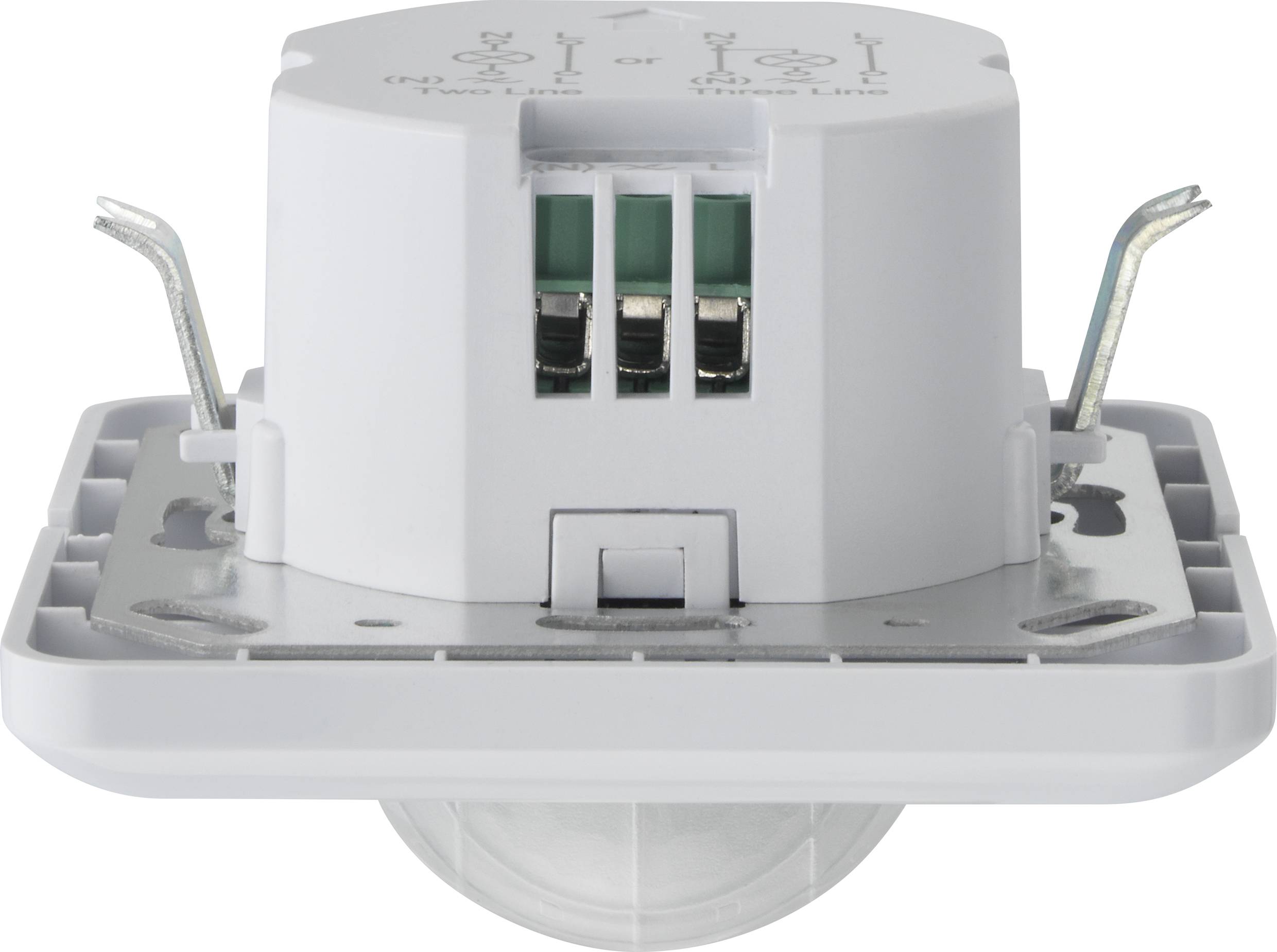 Un détecteur de mouvement blanc pour montage mural, avec trois connexions de câbles et des pinces métalliques sur les côtés, adapté pour les espaces intérieurs.