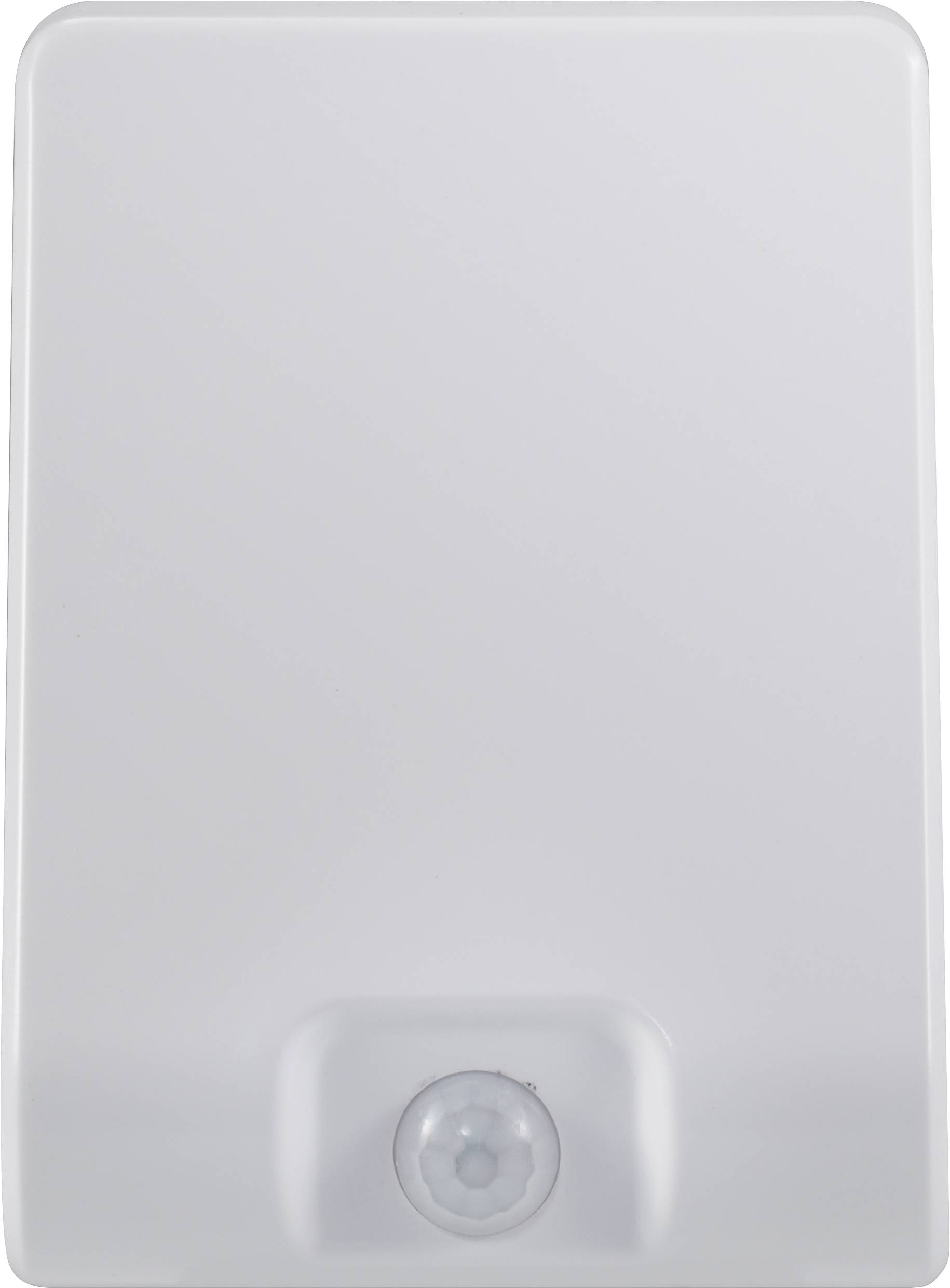 Un éclairage de sécurité blanc rectangulaire avec détecteur de mouvement, doté d'un capteur sur sa face inférieure. Fonctionne comme un veilleuse automatique.