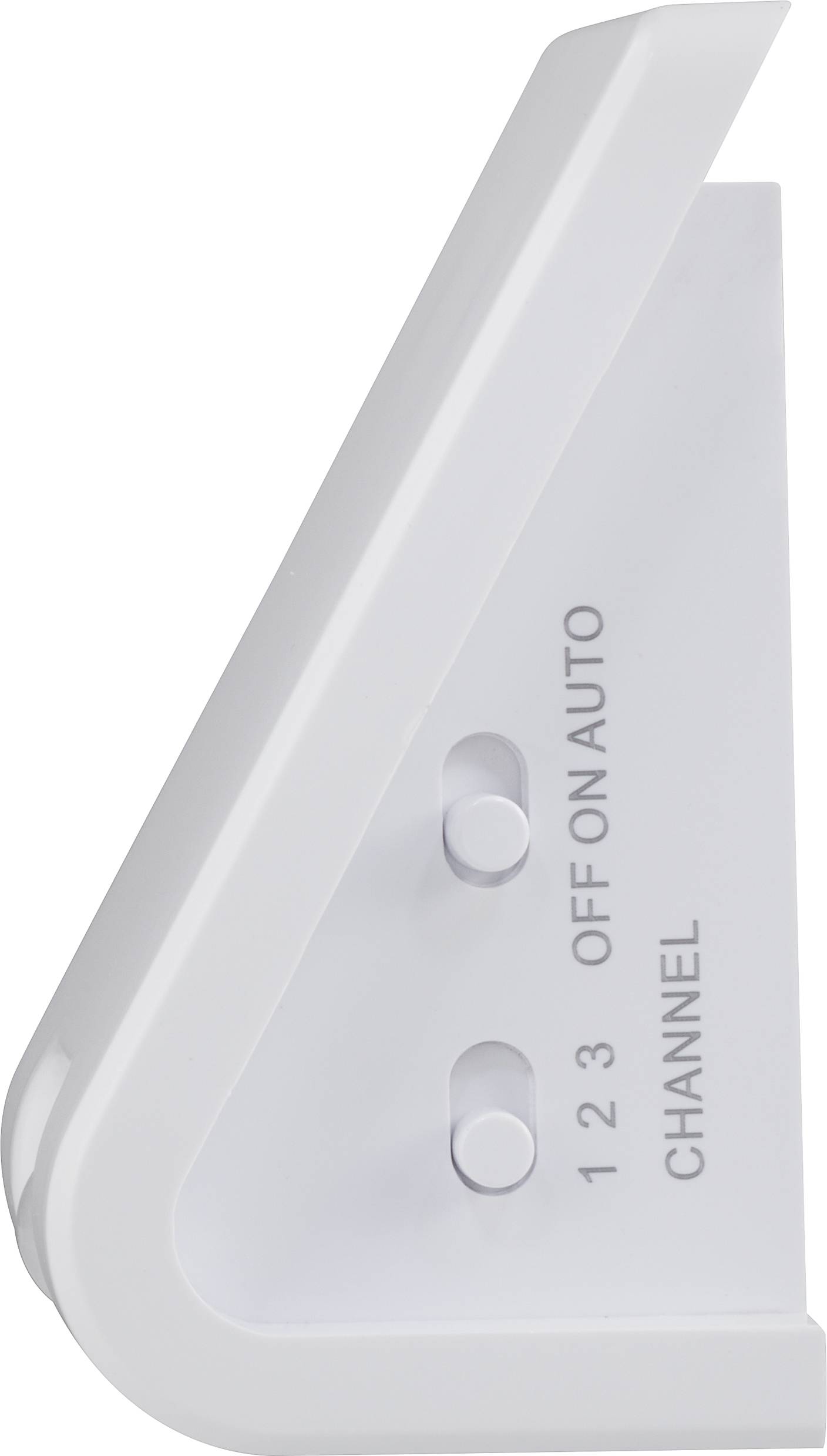 Interrupteur en plastique blanc avec deux boutons portant les inscriptions '1 2 3 OFF ON AUTO' et 'CHANNEL'. Vue de côté.