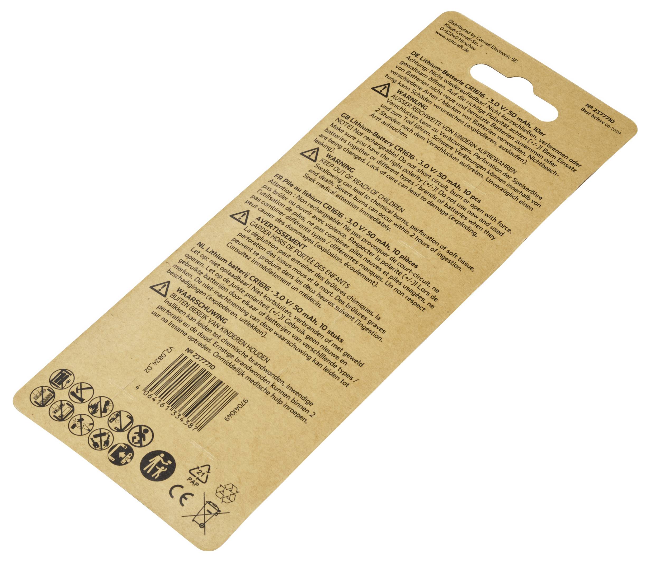Verso d'un emballage en carton de produit avec instructions d'utilisation, avertissements et symboles de recyclage. Contient un code-barres.