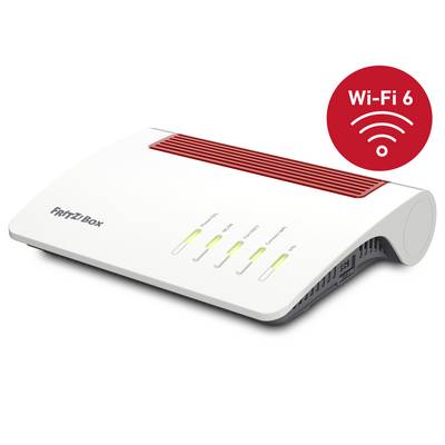Un routeur Wi-Fi blanc avec le logo 'FRITZ!Box' et plusieurs voyants LED allumés ; un symbole rouge indique la compatibilité 'Wi-Fi 6'.