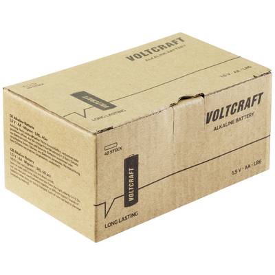 Une boîte en carton marron portant l'inscription 'Voltcraft Alkaline Battery', contenant 40 piles AA, 1,5V, à longue durée de vie.