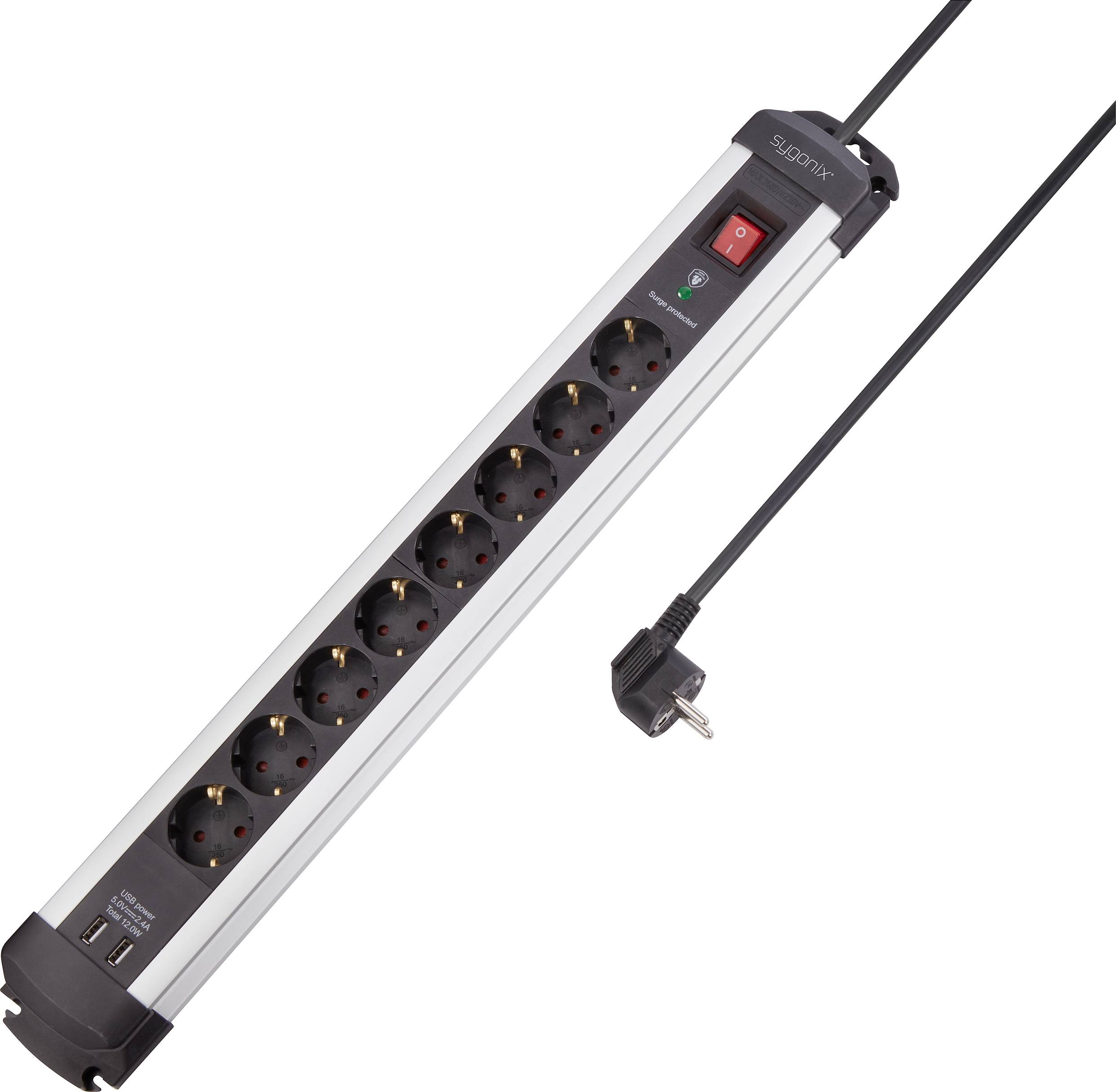 Sygonix SY-4755606 Multiprise avec parafoudre x8 argent, noir 1 pc(s)