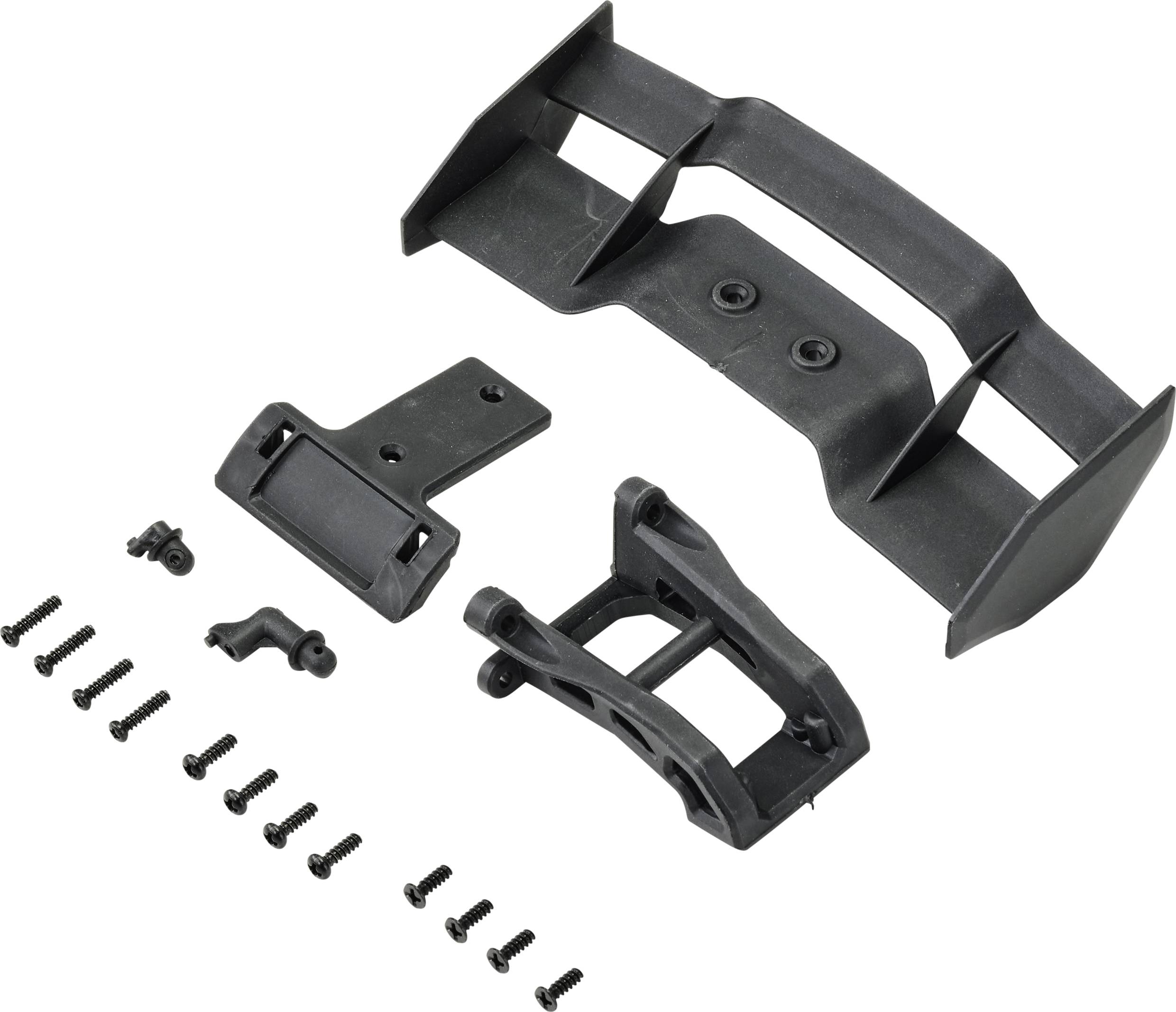 Un kit de construction en plastique noir composé de plusieurs composants et vis, prêt à être assemblé. Comprend la pièce principale, un support et divers petits éléments.