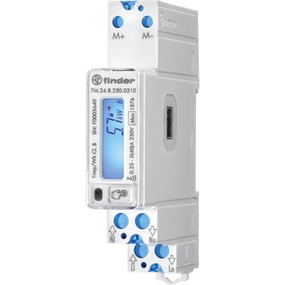 Un compteur électrique blanc de Finder avec un écran bleu affichant '57 kWh'. Il dispose de boutons et de connexions bleus.