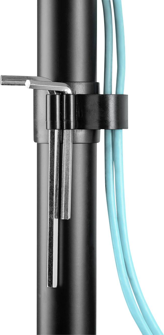 Une barre métallique noire avec un support qui maintient deux clés Allen. Plusieurs câbles bleus passent verticalement à côté.