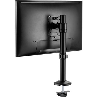Un moniteur noir est fixé à un support de bureau réglable en hauteur, monté par une pince sur un bureau.