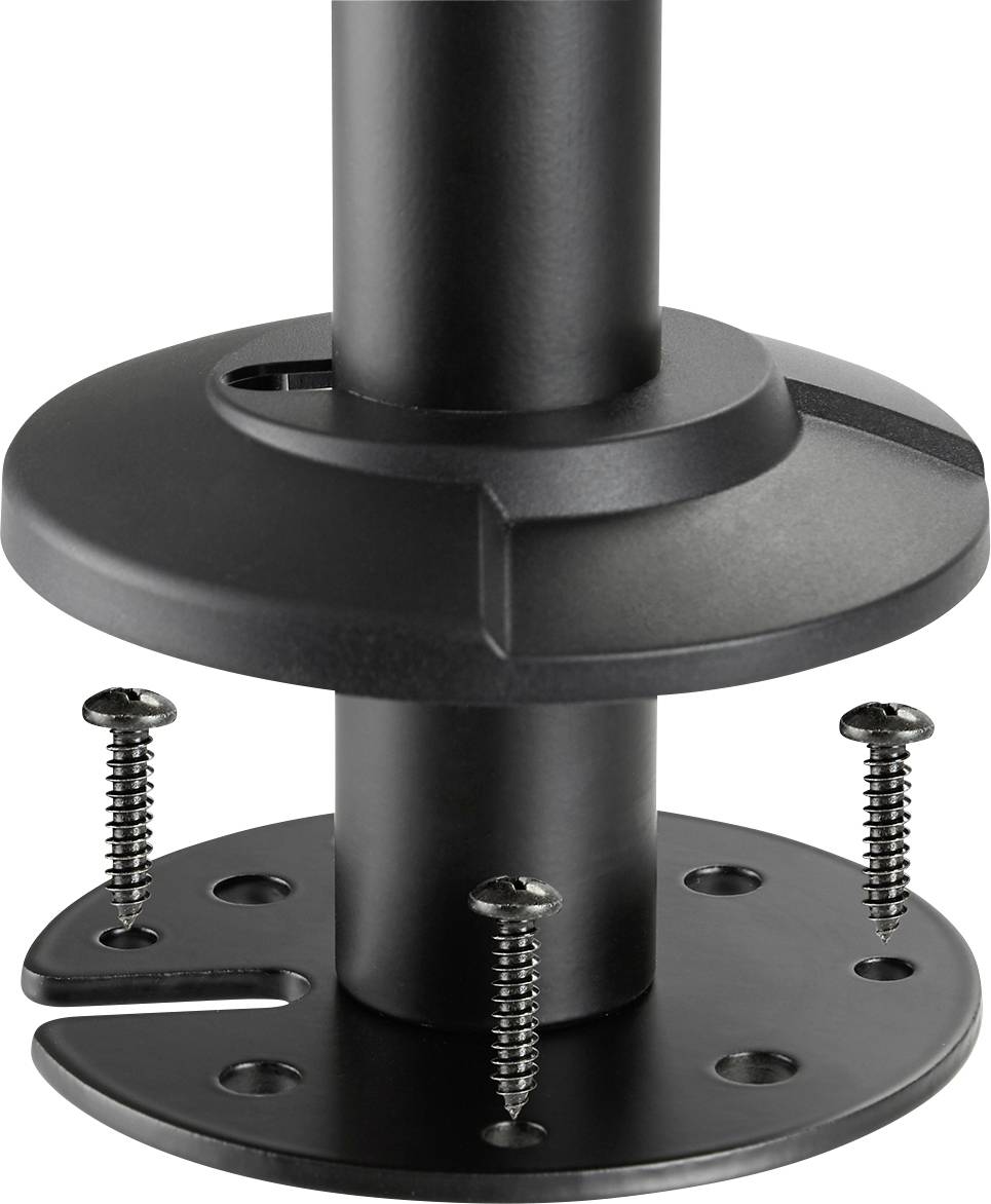 Support noir avec base ronde, tige métallique et quatre vis apparentes.