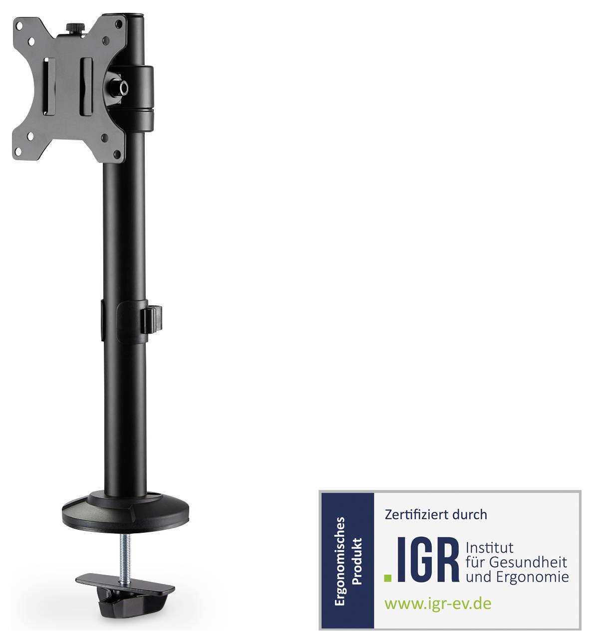 Un support de moniteur noir réglable en hauteur, certifié par l'« Institut pour la Santé et l'Ergonomie » avec logo et adresse de site web.