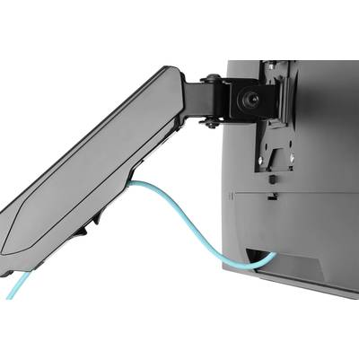 Un système de gestion de câbles organise un câble bleu sur un bras de support fixé à un écran.