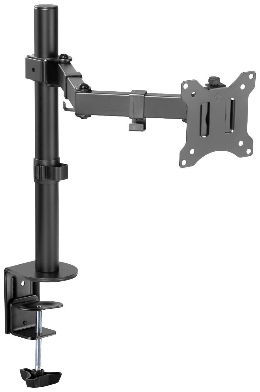 Support de moniteur noir avec bras réglable et pince de fixation pour installation sur un bureau. Adapté aux écrans.