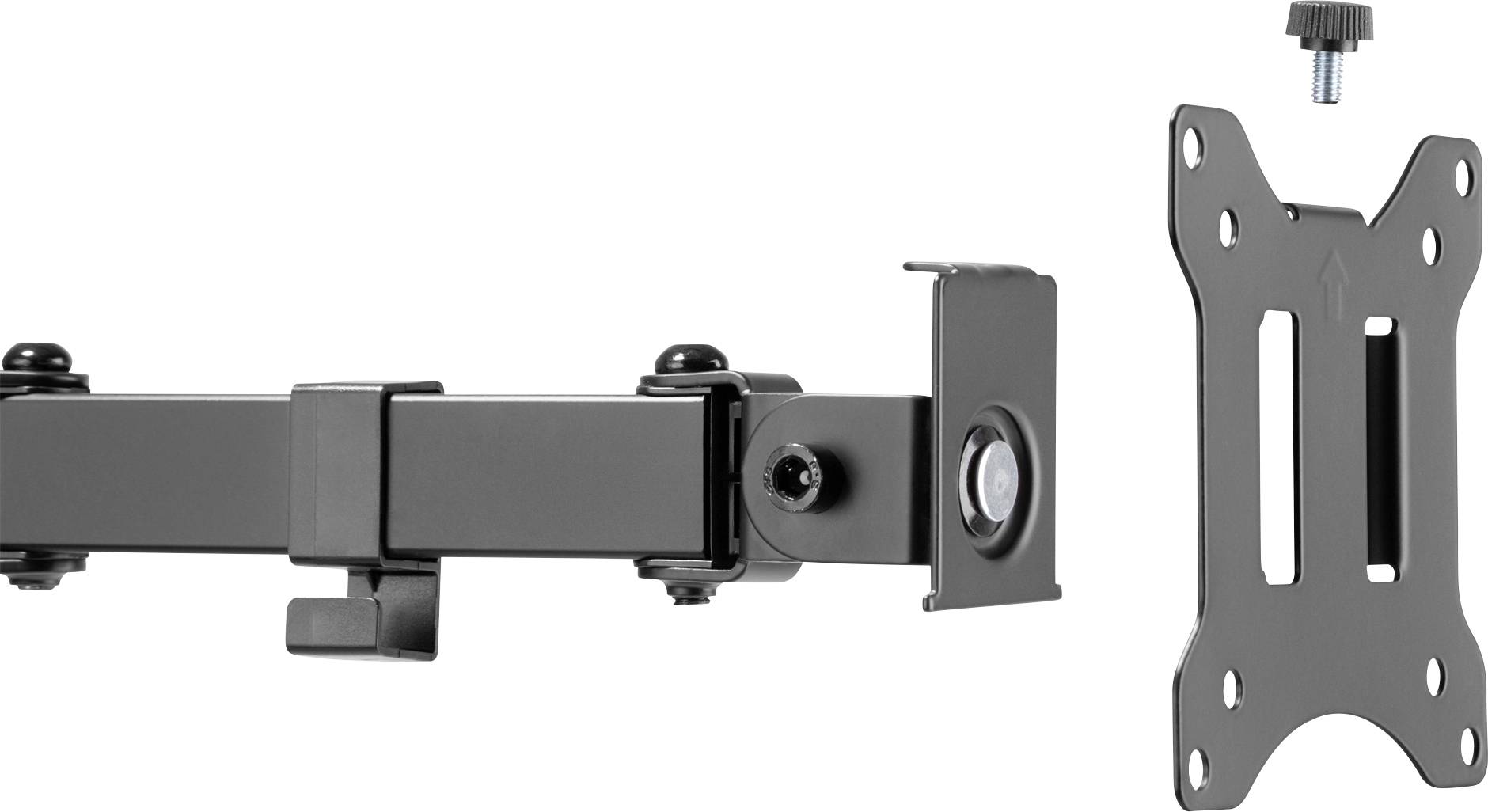 Pièces de fixation métalliques d'un bras de moniteur, composées d'un bras articulé réglable et d'une plaque de montage VESA.