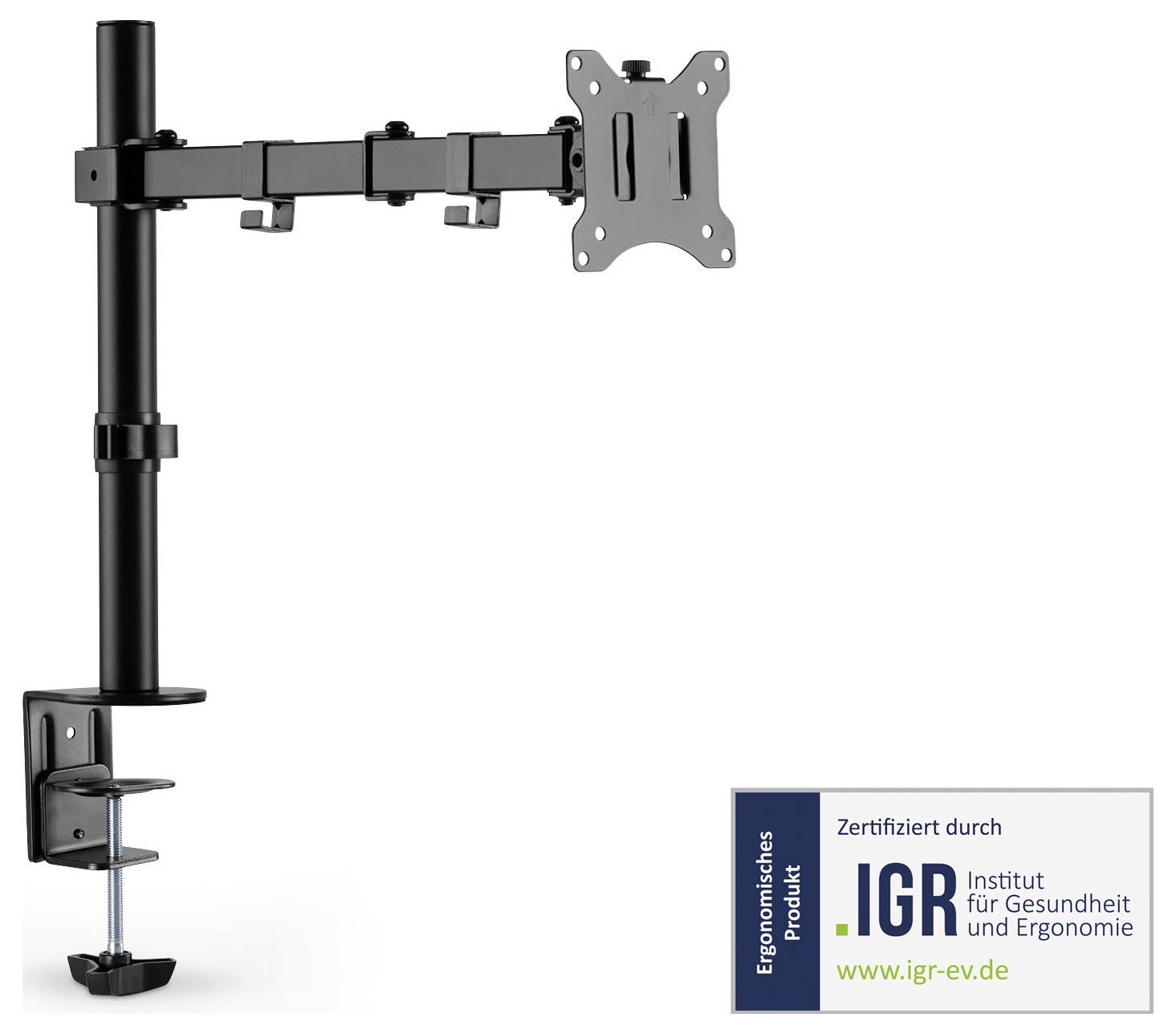 Support de moniteur noir réglable en hauteur, avec pince de fixation de bureau et support VESA, certifié par l'Institut de santé et d'ergonomie (IGR).