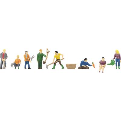Petites figurines effectuant différentes tâches de jardinage, telles que bêcher, planter, arroser et récolter.