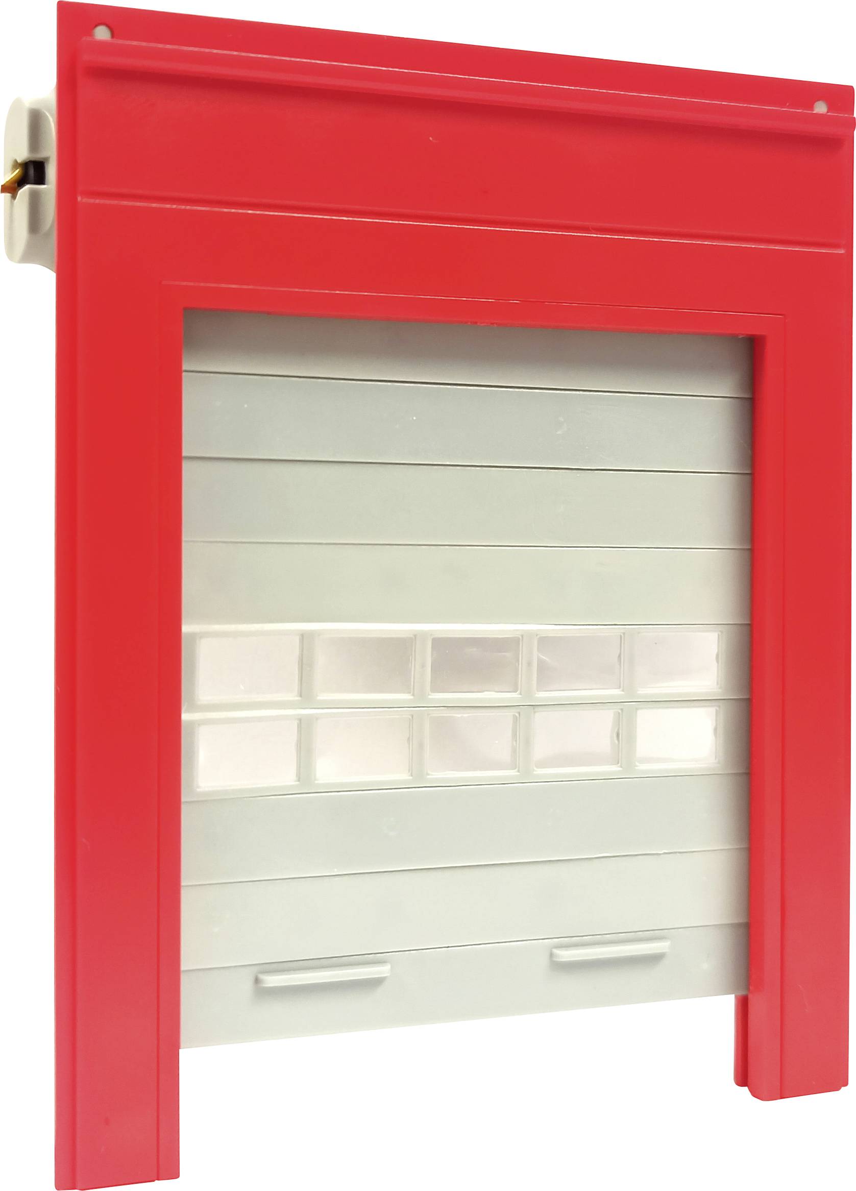 Porte de garage rouge avec des panneaux gris et une section transparente au centre.