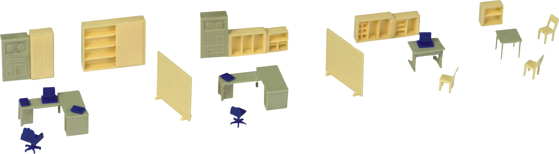 Plans de bureaux avec des bureaux, des chaises et des étagères dans différentes configurations.