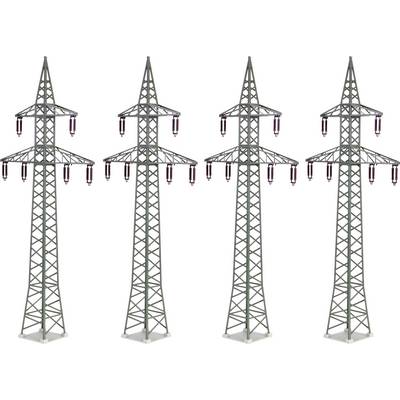 Quatre pylônes électriques métalliques indépendants, répartis de manière uniforme. Les pylônes présentent un design triangulaire avec des isolateurs sur leurs bras.