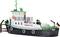Un modèle d'un bateau rouge et blanc nommé 'Büffel', portant un drapeau allemand à la poupe. Le bateau possède un mât vert.