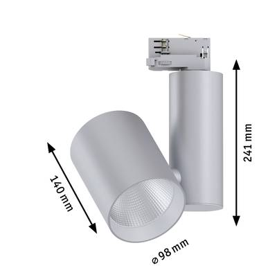 Projecteur LED cylindrique argenté avec les dimensions suivantes : longueur 140 mm, diamètre 98 mm, hauteur totale avec support 241 mm.