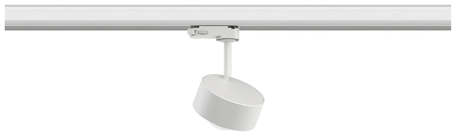 Suspension lumineuse de design moderne en blanc, montée sur rail.