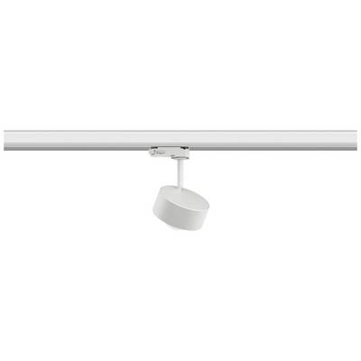 Suspension lumineuse de design moderne en blanc, montée sur rail.