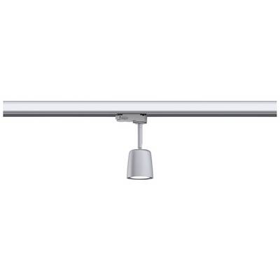 Un luminaire gris est fixé sur un rail et suspendu vers le bas. Il est conçu de manière simple et moderne.
