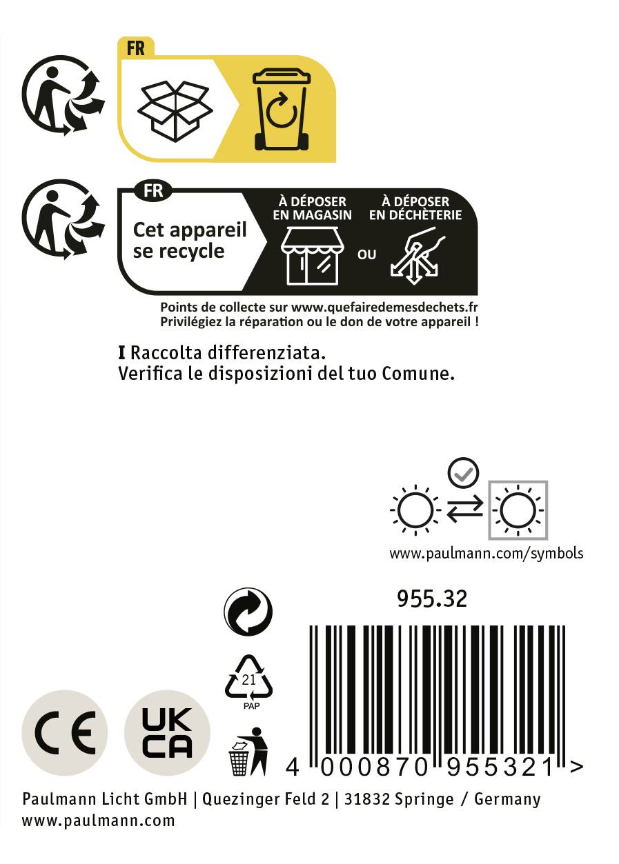 Un guide pour l'élimination et la réparation des appareils. Symbologie : recyclable, irritation solaire. Site web www.quefairedesdechets.fr.