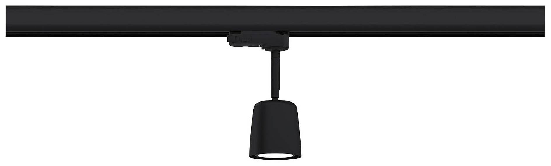 Projecteur de plafond noir sur une rail noire, orienté vers le bas, devant un fond blanc.