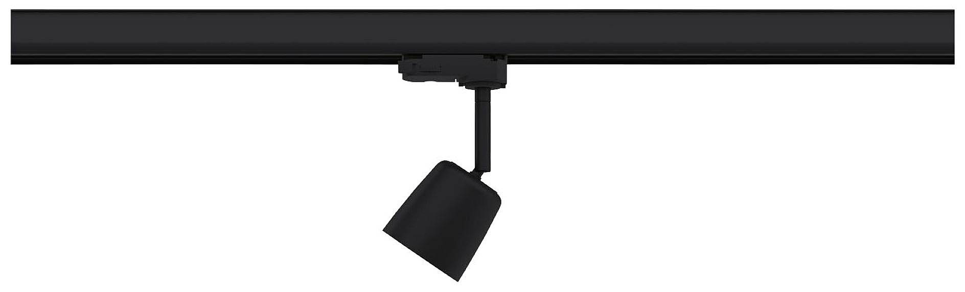 Projecteur de plafond noir avec abat-jour cylindrique, monté sur rail et orienté vers le bas. Idéal pour un éclairage directionnel.