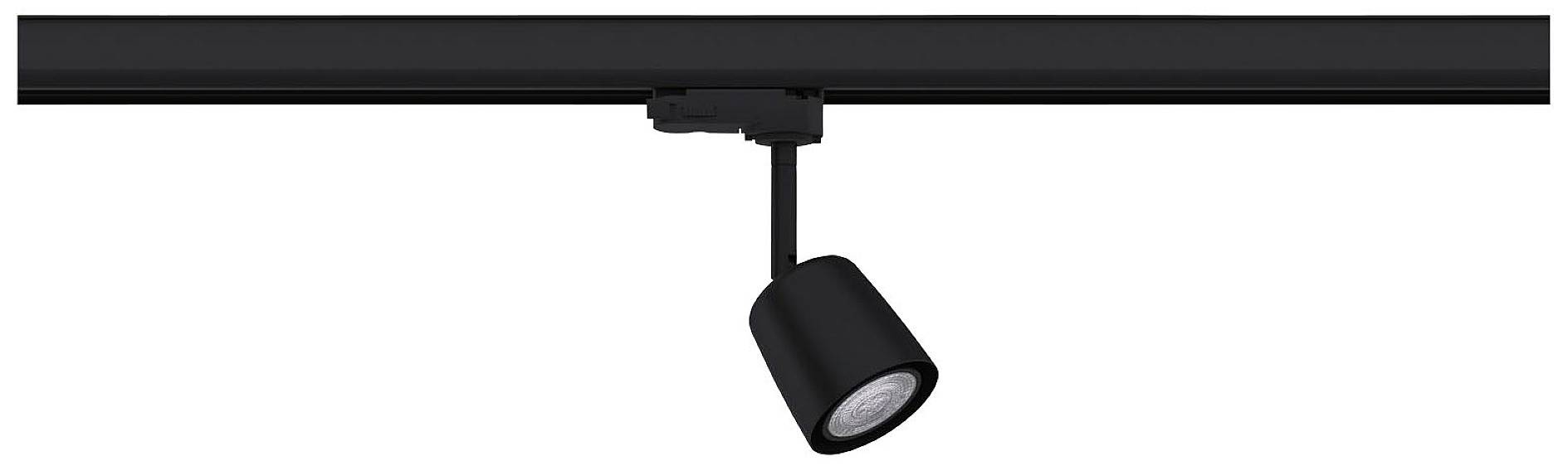 Système de rails noir avec un projecteur cylindrique orientable dirigé vers le bas.