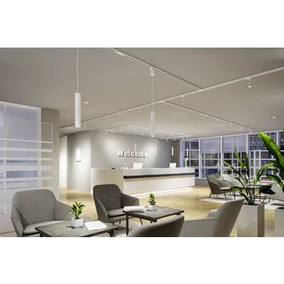 Hall de réception lumineux avec un aménagement moderne, des fauteuils gris, des plantes d'intérieur, un sol en bois et un panneau 'Bienvenue' sur le mur.