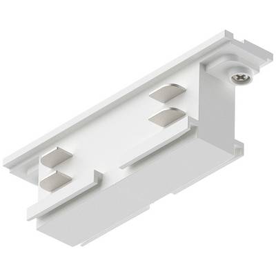 Un composant en plastique blanc rectangulaire avec des attaches métalliques et une vis, utilisé pour connecter des éléments modulaires dans un rail.