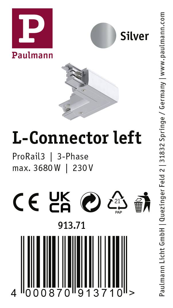 Connecteur L Paulmann à gauche, argent, ProRail3, 3 phases, max. 3680W, 230V. Contient les symboles CE, UKCA, RoHS et un code-barres.