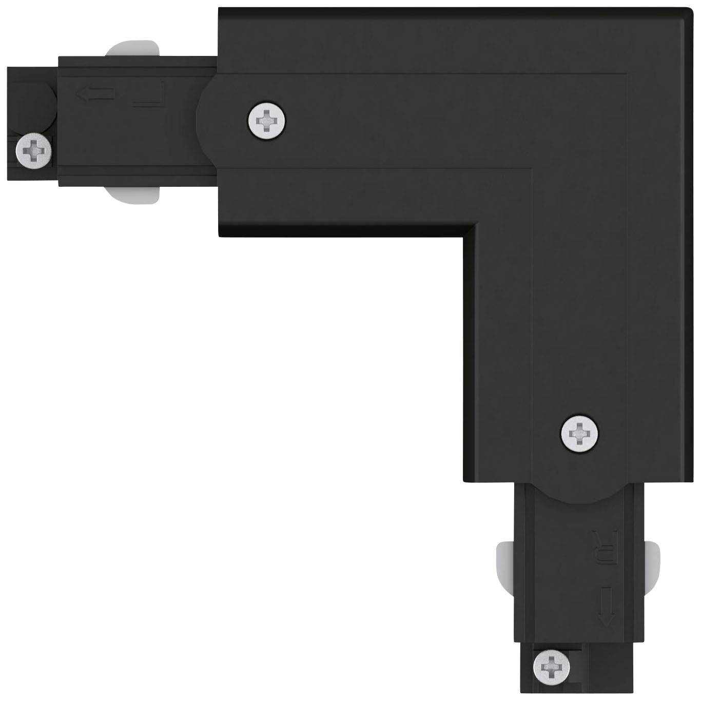 Pièce de liaison en L noir avec profilé et vis, utilisée pour le montage de rails ou d'équipements techniques.