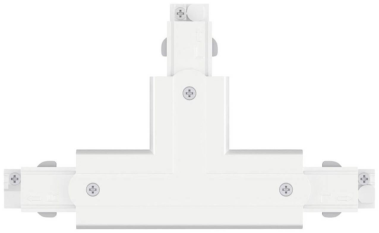 Connecteur en T blanc pour systèmes de rails, fixé par des vis.