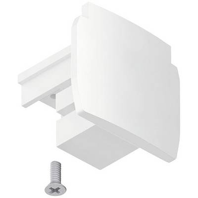 Ferrure de meuble blanche de forme rectangulaire avec des angles arrondis, présentée avec sa vis de fixation correspondante.