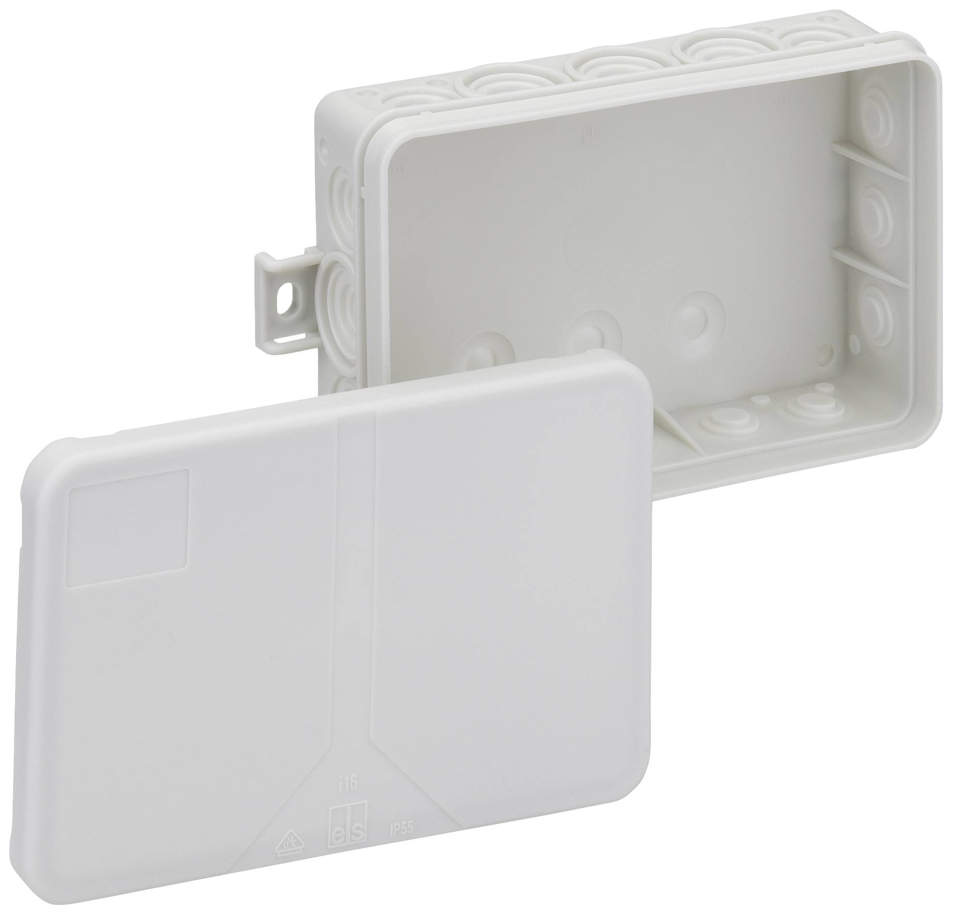 Boîte rectangulaire blanche en plastique ouverte, montrant l'espace intérieur creux avec des perforations, adaptée pour la fixation ou comme boîtier.
