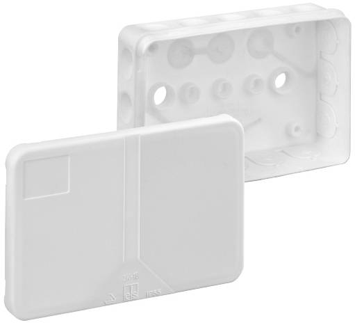 Deux couvercles en plastique blanc, l'un plat et rectangulaire, l'autre avec des découpes, probablement pour des connexions électriques.
