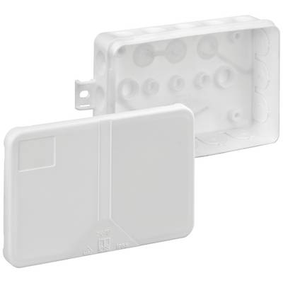 Boîte de dérivation rectangulaire blanche en plastique avec couvercle amovible, adaptée au câblage électrique et au montage mural.
