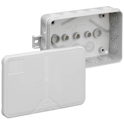 Boîte de dérivation rectangulaire en plastique grise avec couvercle ouvert. Elle montre l'intérieur avec plusieurs ouvertures rondes pour le passage des câbles.