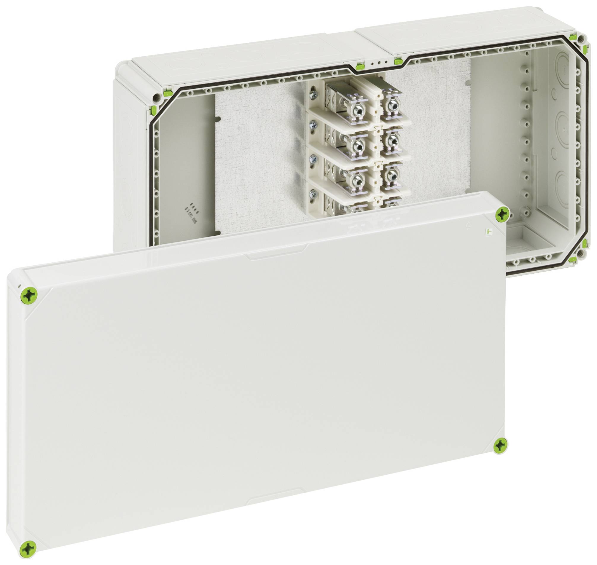 Boîtier rectangulaire blanc avec couvercle retiré, montrant la disposition des bornes internes. Adapté pour les connexions électriques.