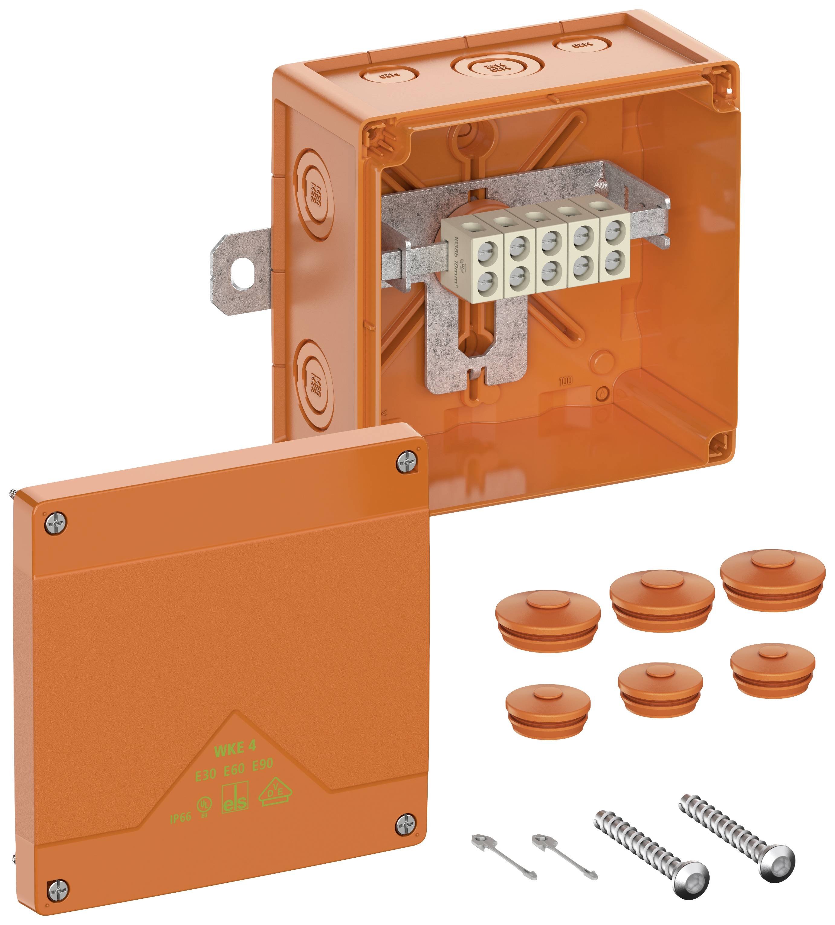 Boîtier de raccordement électrique orange avec couvercle transparent et matériel de montage. Adapté pour différentes connexions de câbles.
