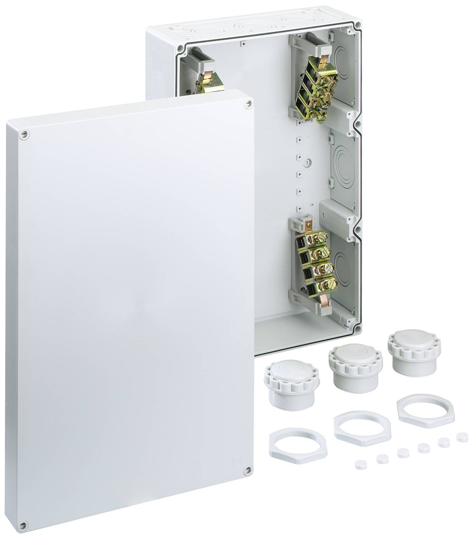 Boîtier électrique blanc ouvert avec des bornes visibles et plusieurs composants amovibles, adapté pour les installations électriques.