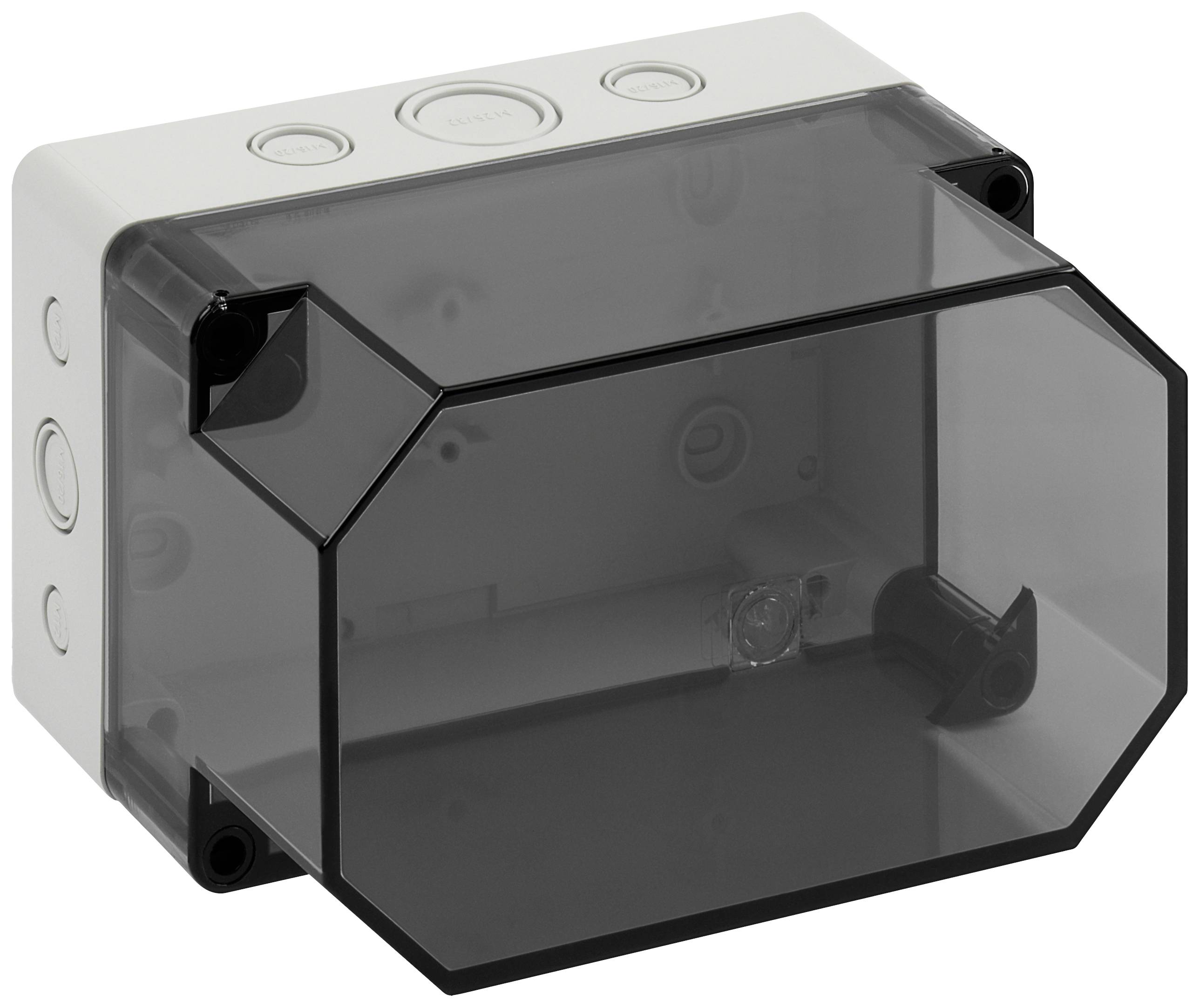 Prise électrique blanche avec un couvercle transparent rectangulaire, adaptée à la gestion des câbles et aux connexions de protection.