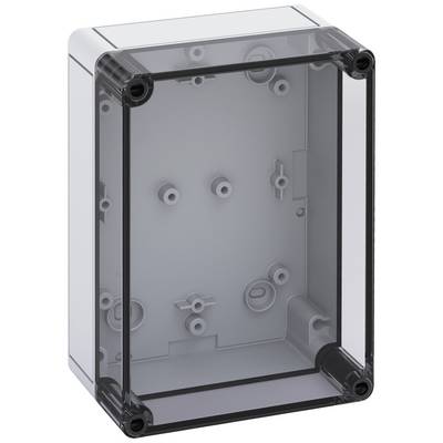 Boîtier en plastique gris, rectangulaire, avec un couvercle transparent et des angles arrondis. Il dispose de points de fixation préfabriqués à l'intérieur.
