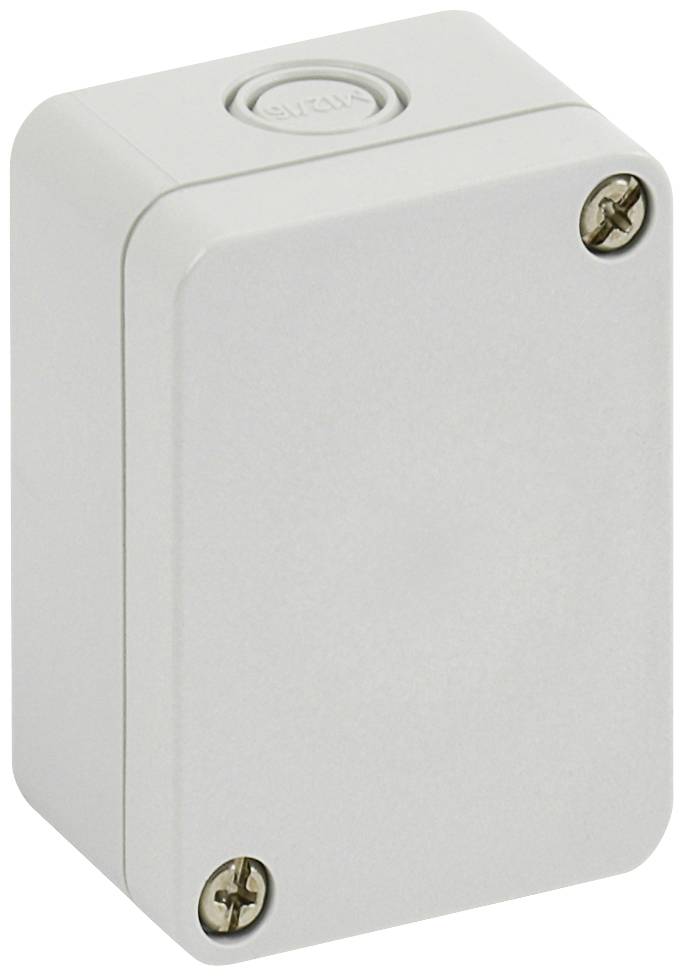 Boîtier rectangulaire en plastique blanc à coins arrondis, deux vis sur la face avant pour la fixation.