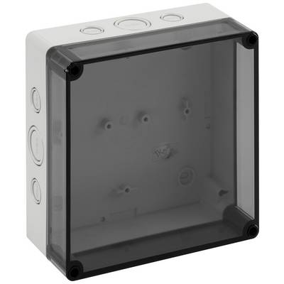 Boîte en plastique grise vide avec couvercle transparent, adaptée pour le montage en saillie de composants électriques.