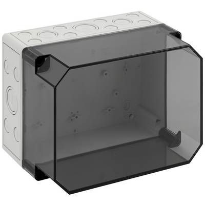 Boîte de raccordement électrique avec couvercle transparent et plusieurs ouvertures latérales pour le passage des câbles.
