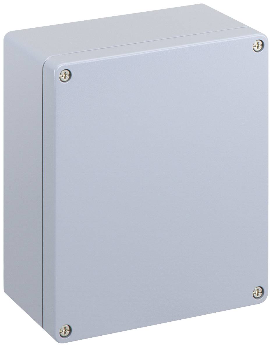 Boîtier métallique avec des fermetures à vis aux angles, probablement adapté pour des composants électriques ou électroniques.